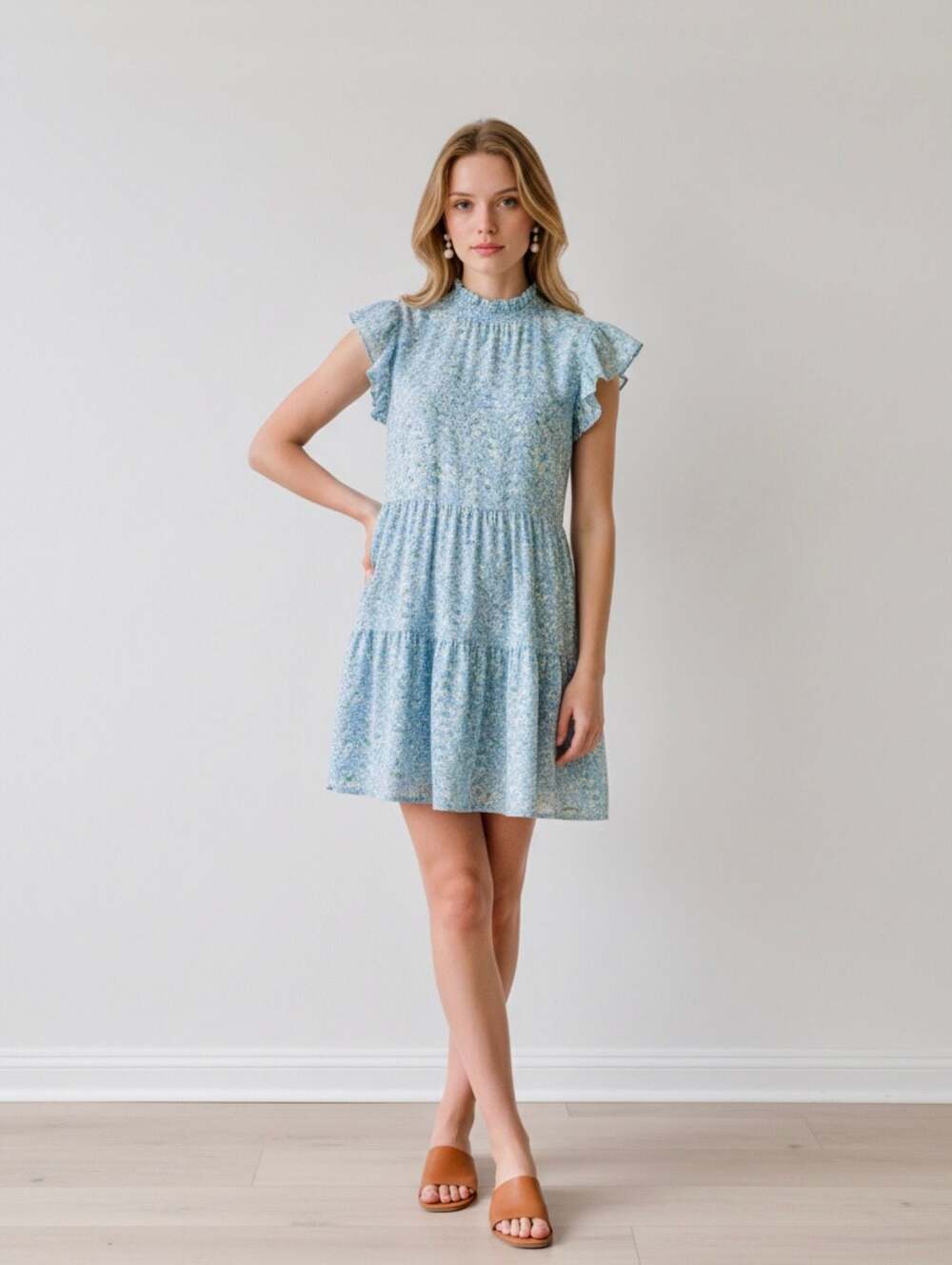 Pick Me' Blue and White Ditsy Floral Smocked Tiered Midi Dress